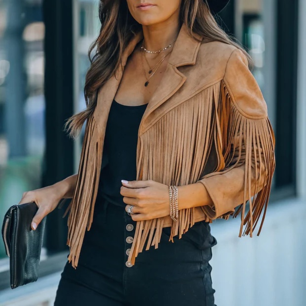 Camel Suede Cropped Fringe Jacket